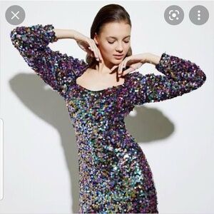 Zara Multicolor Sequin Long Sleeve mini Dress lightly worn Sz XXL (14-16)
